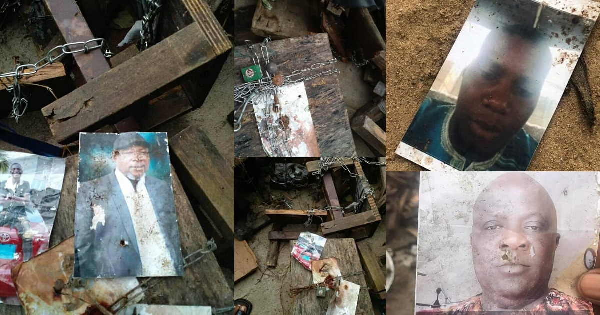 Photos of different men “in chains” uncovered in a shrine in Rivers state after native doctor was allegedly caught burying a three-month-old baby alive (photos/video)