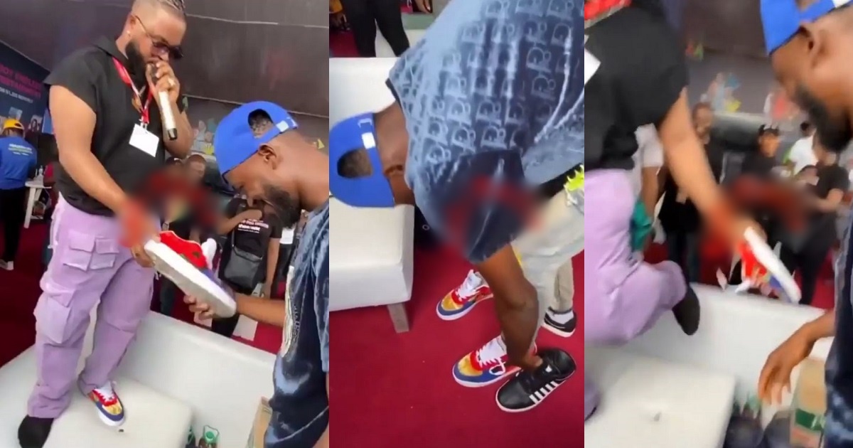Heartwarming moment BBNaija star, Whitemoney pulled his shoe for a fan (video)