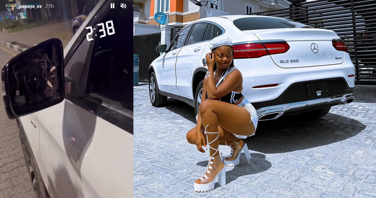 Influencer Papaya cries out after hoodlums vandalized her newly acquired Benz in Lagos