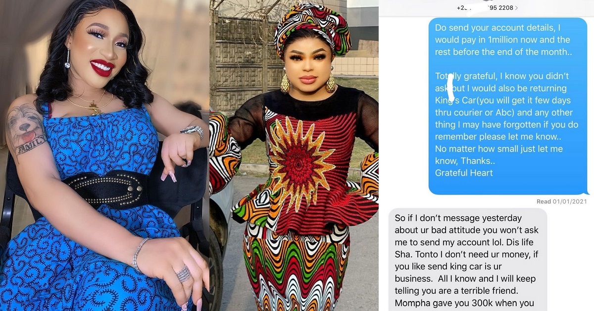 Tonto Dikeh releases chats with Bobrisky to show the reason for their beef