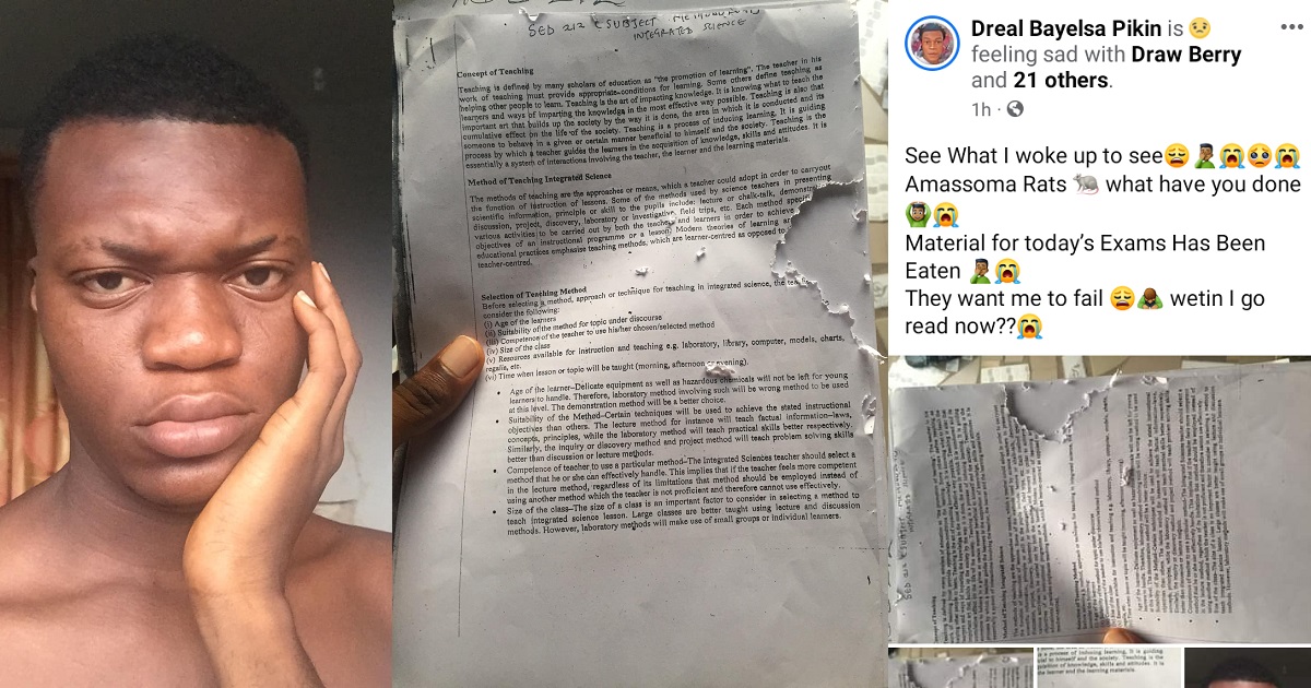 “They want me to fail” – Bayelsa varsity student cries out, claims rats ate parts of his exam prep materials