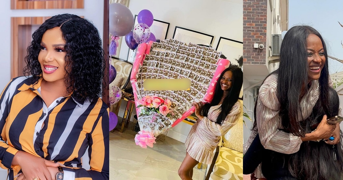 Actress, Iyabo Ojo surprises her friend with gigantic bouquet of Naira notes for her birthday