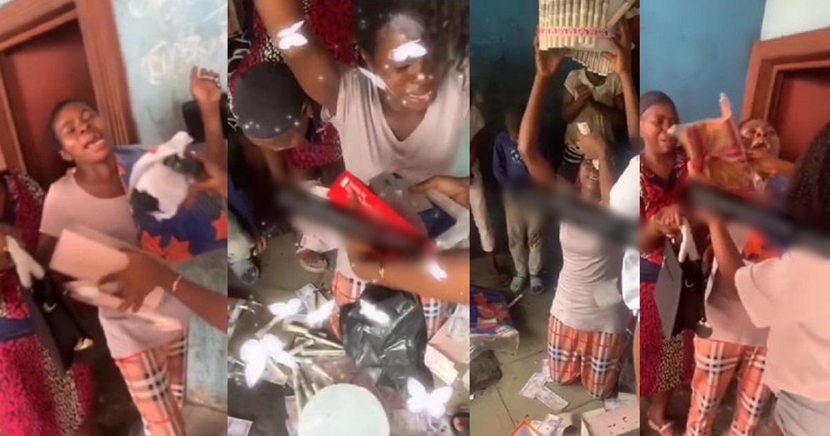 Nigerian mother breaks down in joyful tears as daughter gifts her money bouquet, phone, bags (video)
