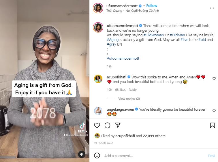 “Stop saying ‘old woman’ or ‘old man’ like say na insult. Aging is a gift from God” – Ufuoma McDermott tells young people 4 UFUOMA
