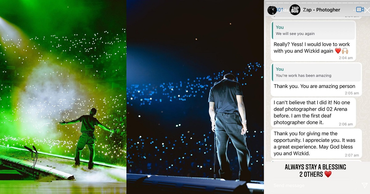 “Can’t believe I did this” – Wizkid’s ‘deaf’ photographer who covered his 02 Arena concert thanks Wizkid in WhatsApp chat (Screenshots)