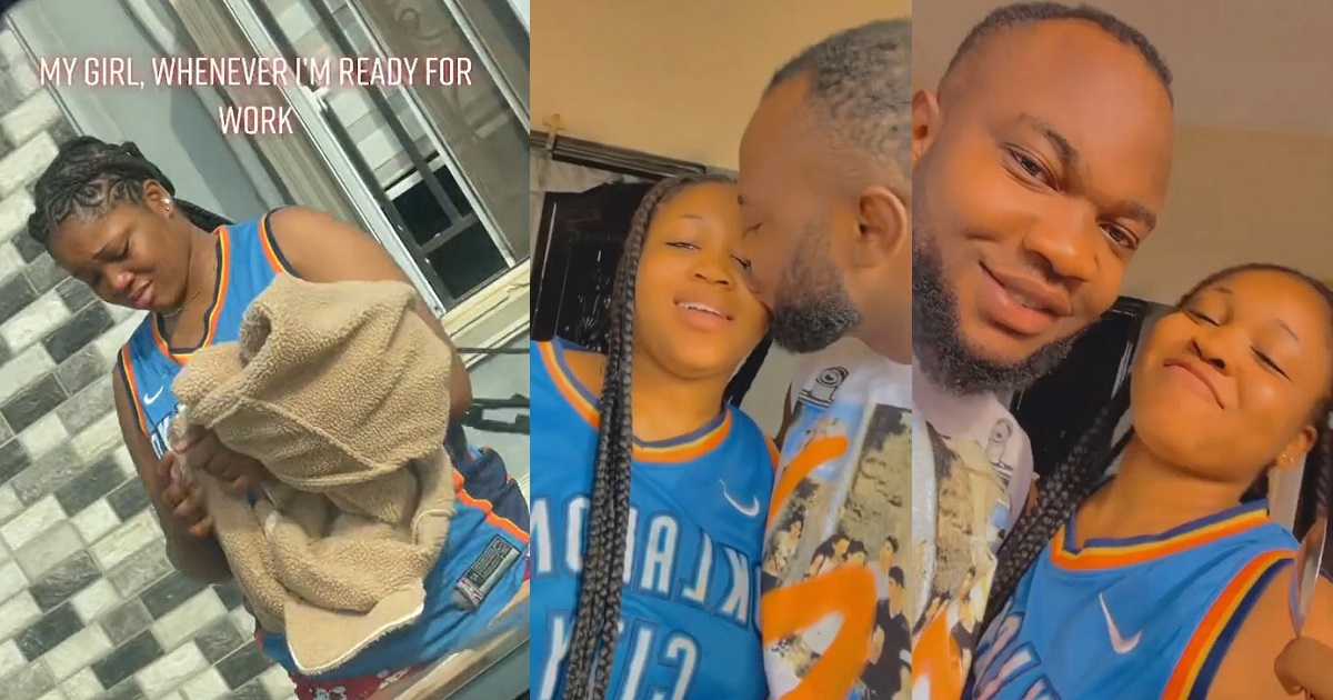 Nigerian guy whose girlfriend went viral for not wanting him to go to work reacts; shares new loved up videos (WATCH)