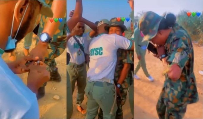 Corps member proposes to female soldier at NYSC camp in Kwara (Video) 3 Corps member proposes