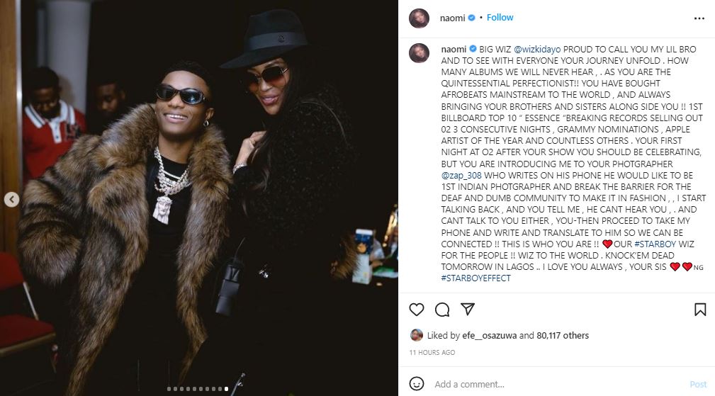 “Proud to call you my lil bro” – Supermodel, Naomi Campbell showers praises on Wizkid 3 gossipmillz