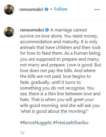 “Marriage cannot survive on love alone” – Reno Omokri