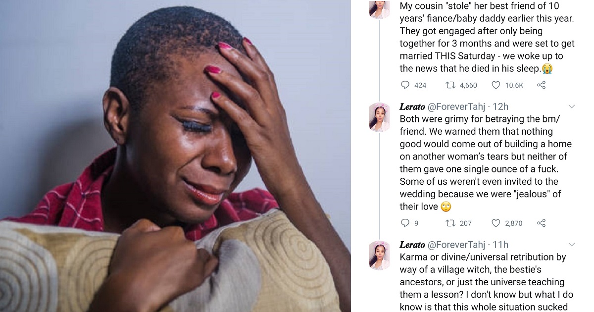 “Karma?” – Reactions as lady who snatched best friend’s fiancé loses him four days to their wedding