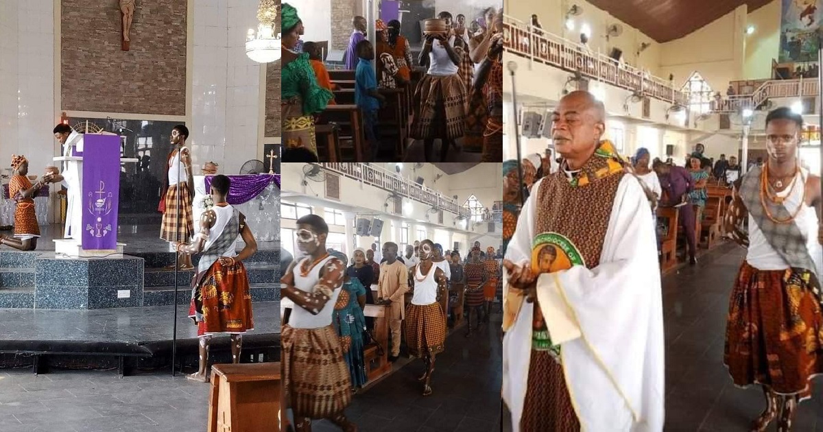 Mixed reactions as photos from a Catholic church in Abuja celebrating mass using African cultural items surface online