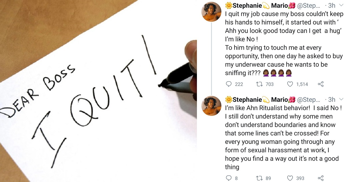 Woman quits her job after her boss wanted to buy her new underwear so he can sniff it