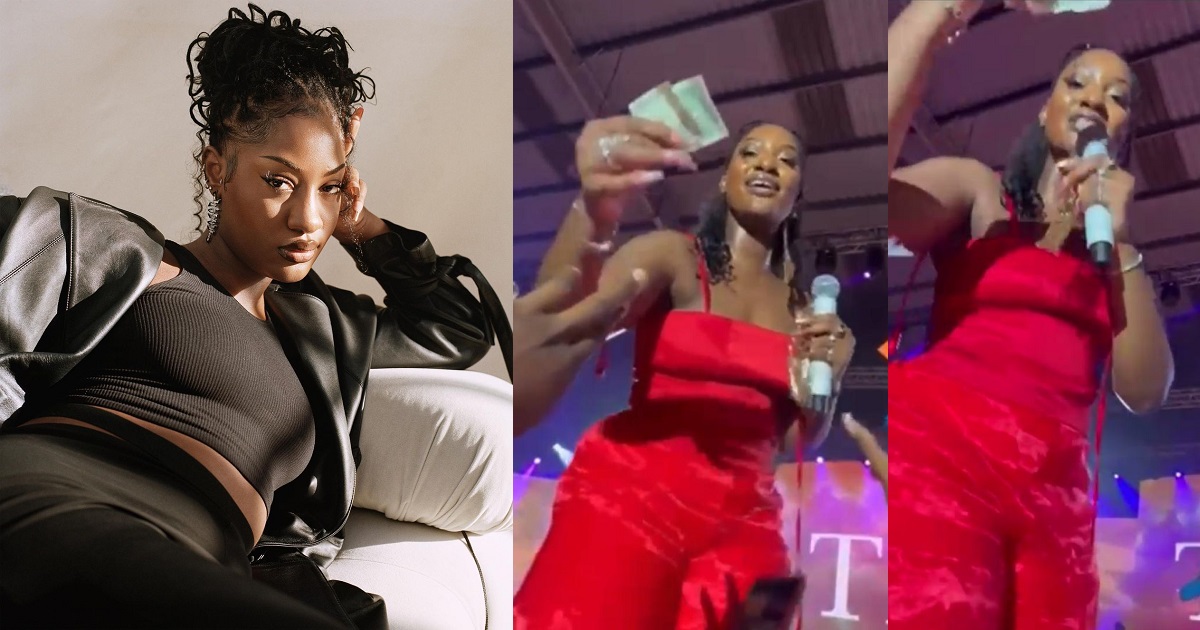 “Na by force to spray celebrity?” – Reactions as Tems throws back $1 bill a fan gave her during a recent performance (video)