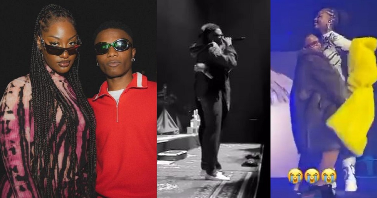 “See how she’s rubbing him” – Fans share video of Tems ‘touching’ Wizkid after he was dragged for trying to lift her up (video)