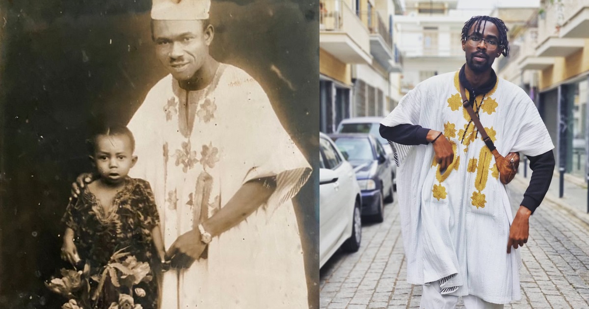 Man rocks agbada his grandfather wore over ’50 years ago’; shares side by side photos of him and his grandfather in same outfit