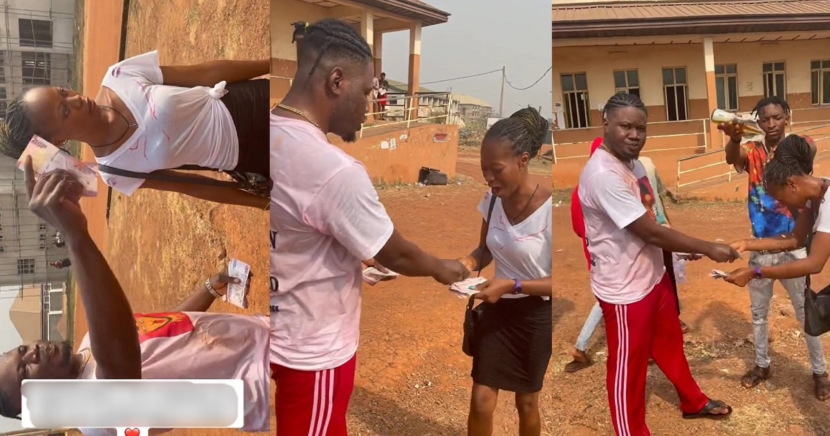 Nigerian big boy sprays course mate who always helped with his assignment as they sign out from school (Video)