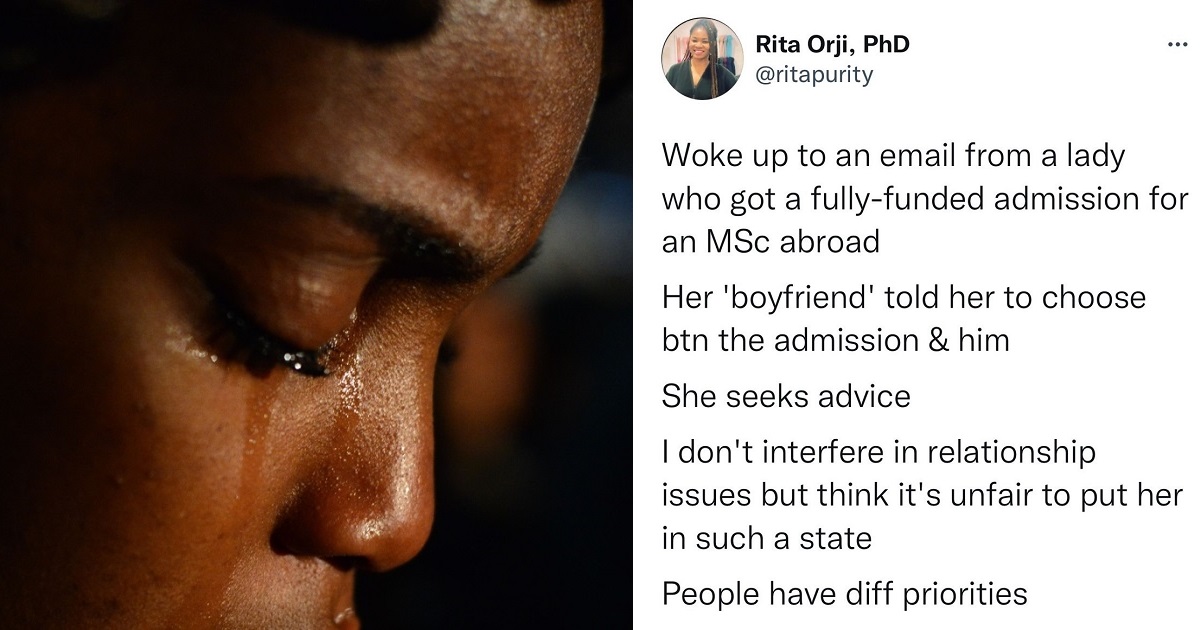 Twitter Stories : Man asks his 22-year-old girlfriend to choose between him and going for her fully-funded MSC abroad.