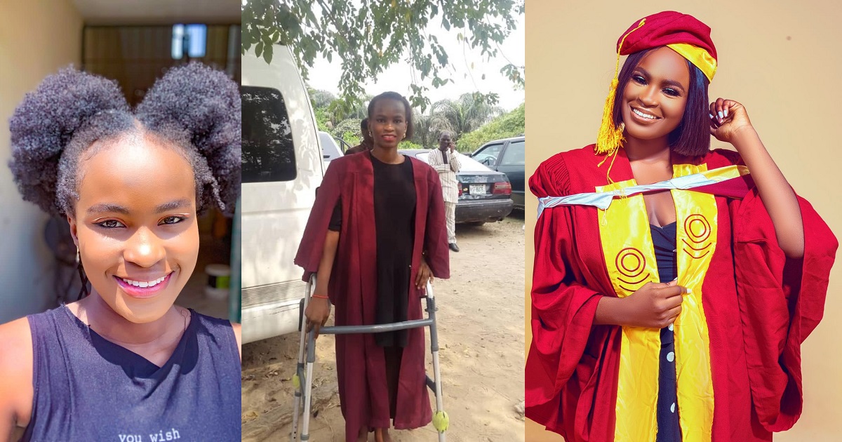“Entered with 6 legs and graduated with 2 legs” – Nigerian lady, who has sickle cell shares inspiring story as she graduates with 1st class (Photos)