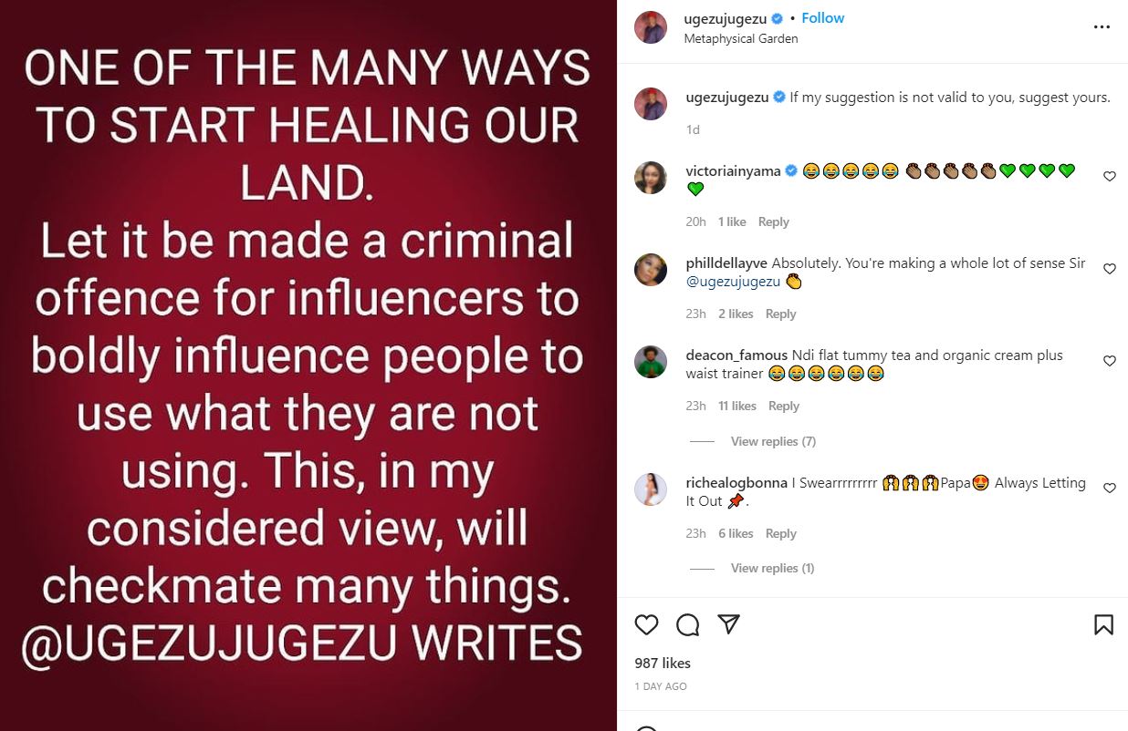 “Make it a criminal offense for influencers to influence products that they’re not using” – Actor, Ugezu Ugezu tells FG 4 UGEZU