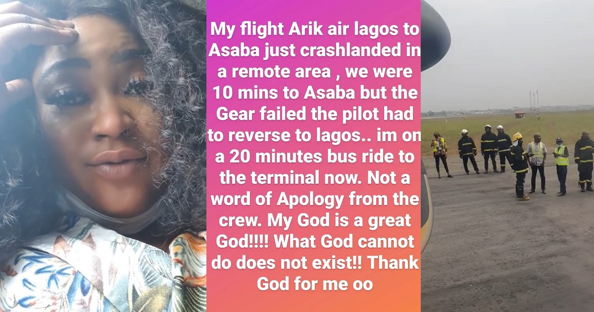 Nollywood actress, Uche Elendu escapes death as plane reportedly crash lands; shares encounter with air host who didn’t believe in Jesus