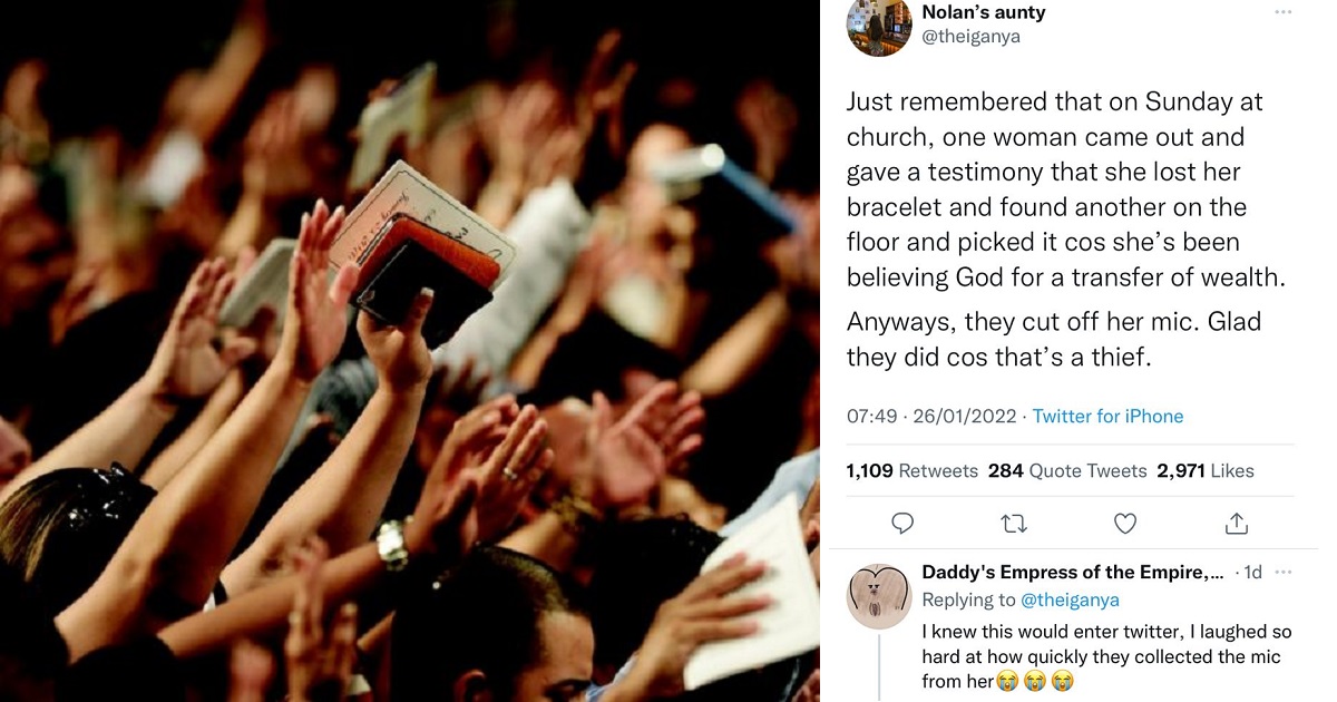 Lady’s mic cut off while testifying in church about ‘stealing a bracelet’ because she’s been trusting God for a miraculous transfer of wealth