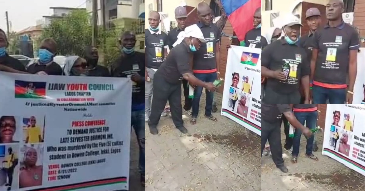 Sylvester Oromoni: Protesting Ijaw youths offer traditional prayers of vengeance in front of Dowen college (video)