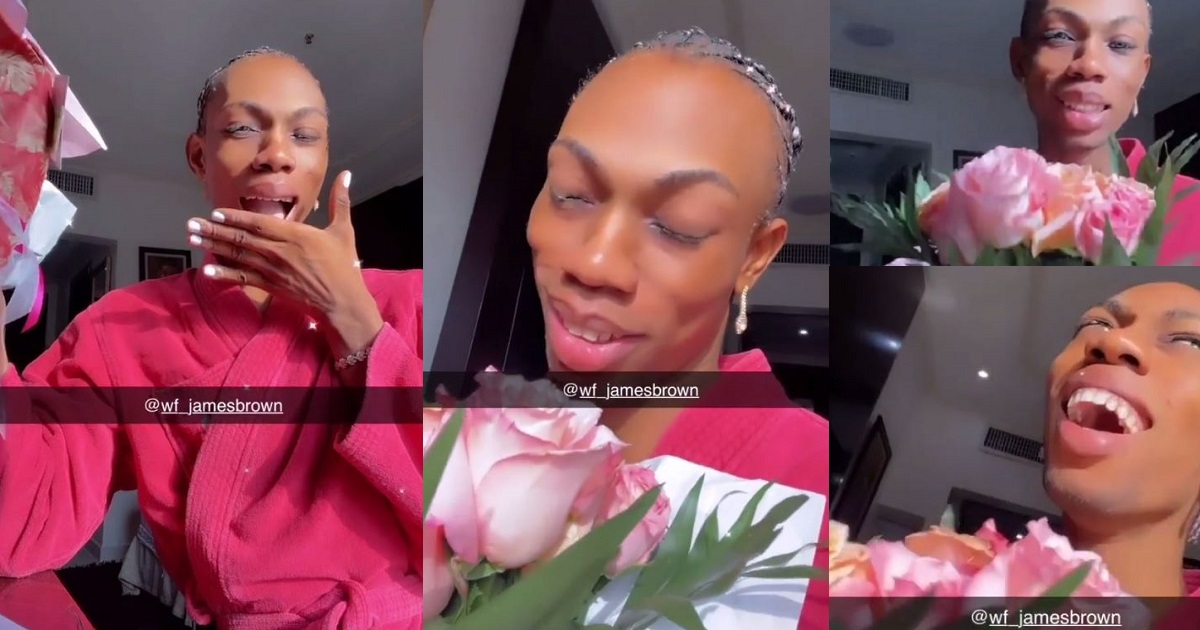 Crossdresser, James Brown, gushes after receiving flowers from a male admirer (video)