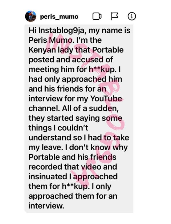 “I only approached him for an interview” – Kenyan lady who singer, Portable claimed approached him for ‘hookup’ speaks 5 peris 1