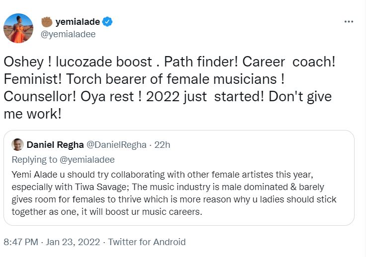  Yemi Alade replies man