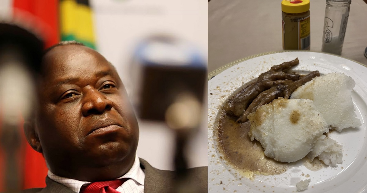 “Na slayqueen doings” – Reactions as South African lawmaker, Tito Mboweni shows off food his niece prepared for him