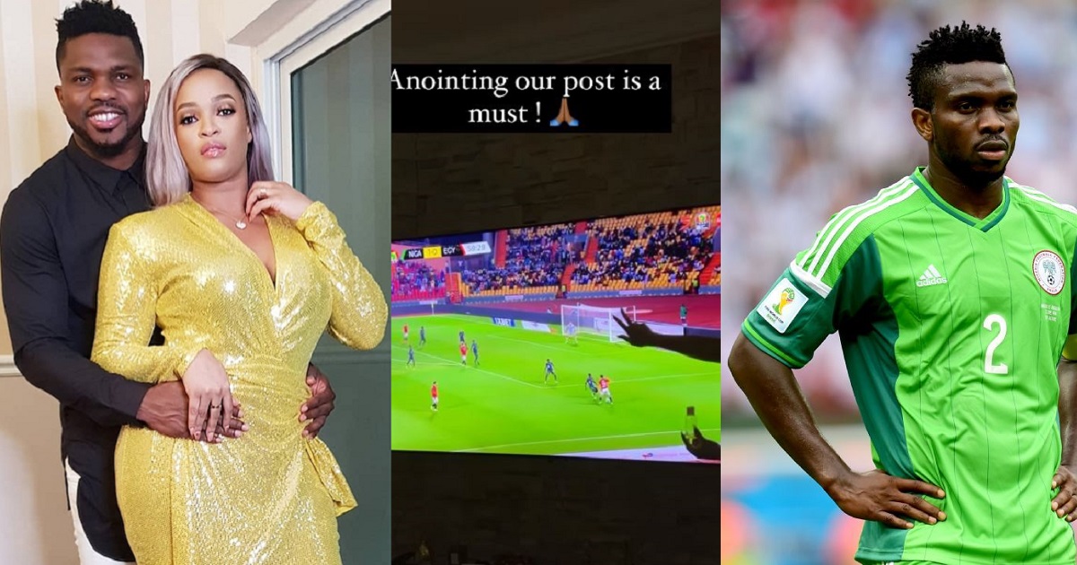 “Make she anoint am like this till the finals” – Nigerians reacts to video of Joseph Yobo’s wife, Adaeze anointing her TV during the Nigeria Vs Egypt match (video)