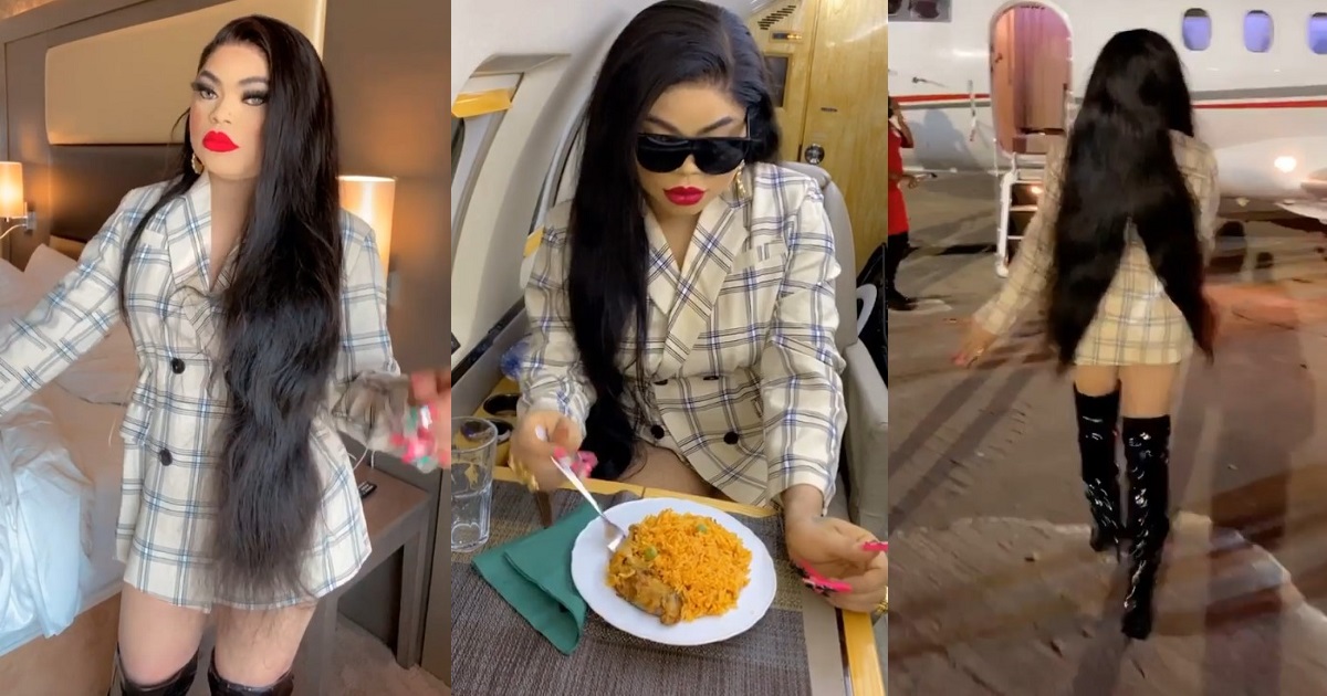 “Never compare trash with class” – Bobrisky says as he flies out of the country with his makeup artist, “house girl”, and PA (Video)
