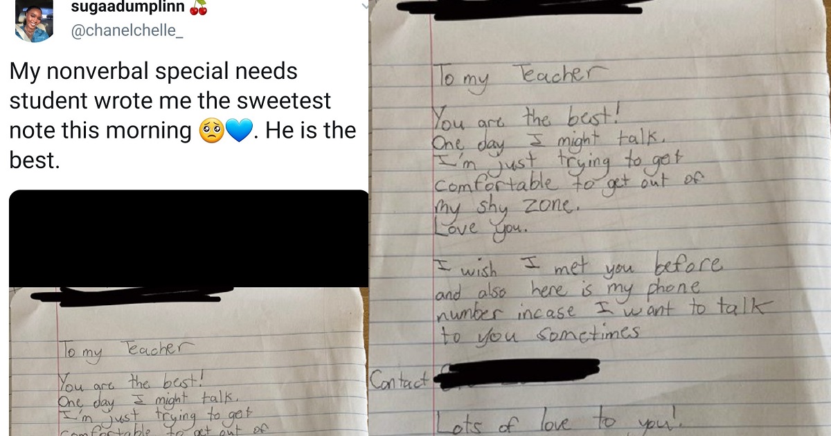 Teacher shares touching letter she received from her nonverbal special needs student