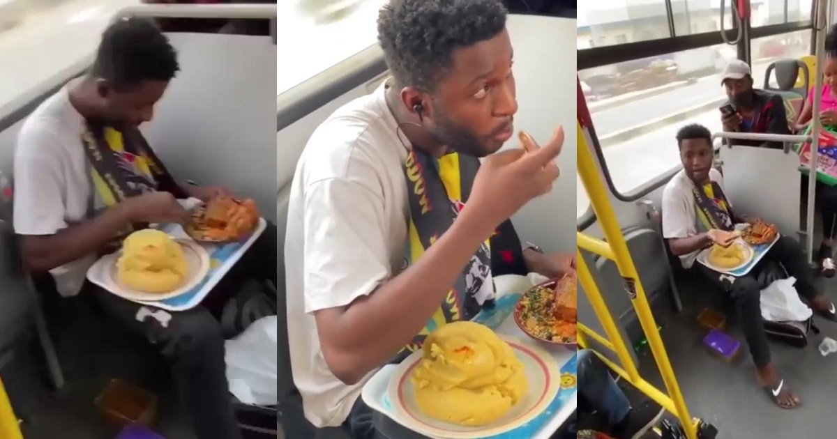 Nigerian man enjoy hefty plate of Eba and Egusi soup inside moving BRT ...