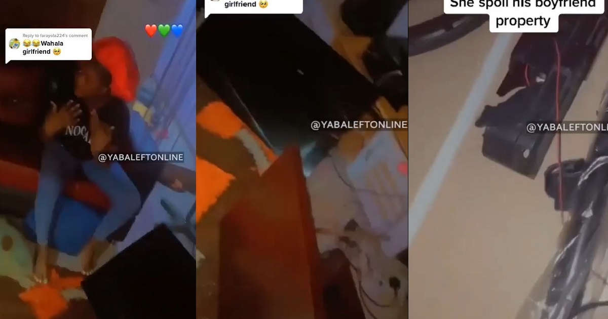 Moment a girlfriend destroyed her man’s property after he allegedly beat her up (WATCH)