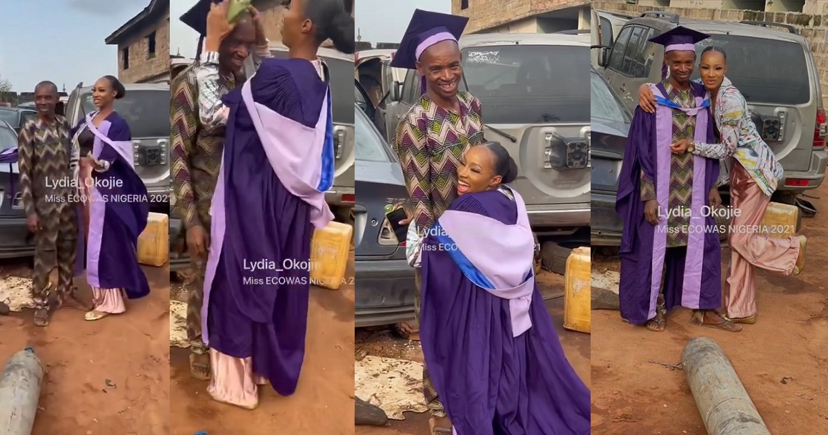 Beautiful moment a female graduate ran up to her dad’s mechanic workshop to embrace and dress him in her convocation gown before he prayed for her (WATCH)