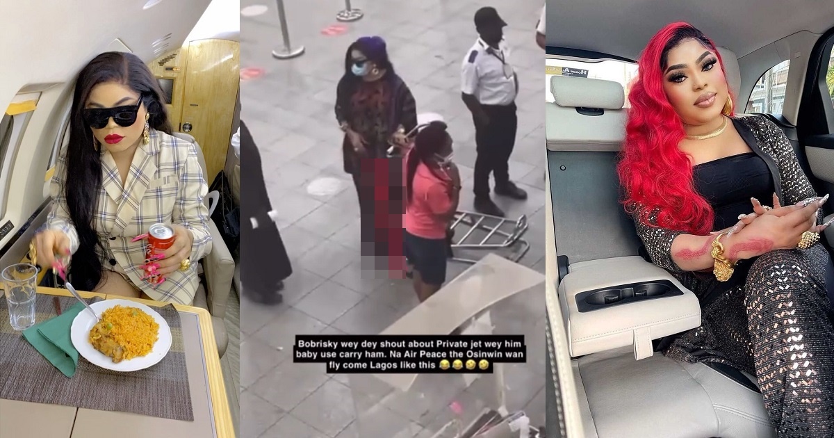 Bobrisky trolled for returning on a commercial flight days after flying private jet to Abuja (Video)