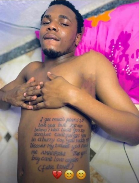 “The good boy can’t love again” – Heartbroken man tattoos lengthy note on his body after his girlfriend reportedly dumped him 3 boy tattoo1