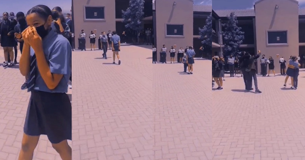 Moment secondary school student goes on her knees to propose to another female student while other students cheer sparks outrage online (video)