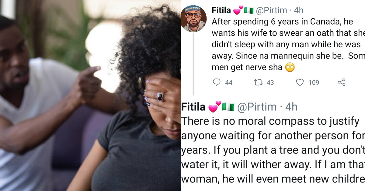 Canada-based man reportedly returns to Nigeria after 6 years and demands his wife swears a fidelity oath
