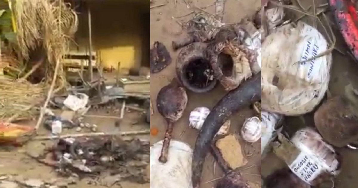 Youths demolish a shrine where people’s destinies were allegedly tied in Orifite, Anambra State