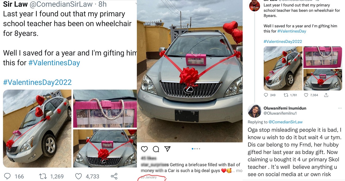 Man who claimed he saved for a year to buy a car for his disabled teacher is exposed as a clout-chaser as people who know the real car owner call him out