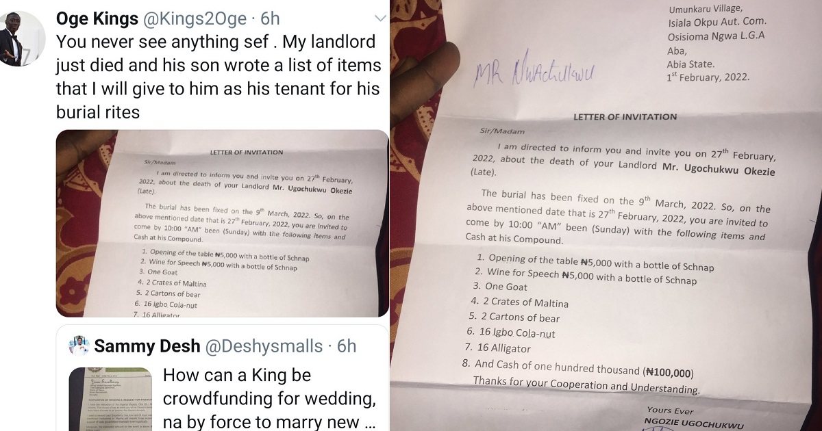 “Na you kill am?” – Reactions as tenant shares list of items he’s given to contribute for Landlord’s burial