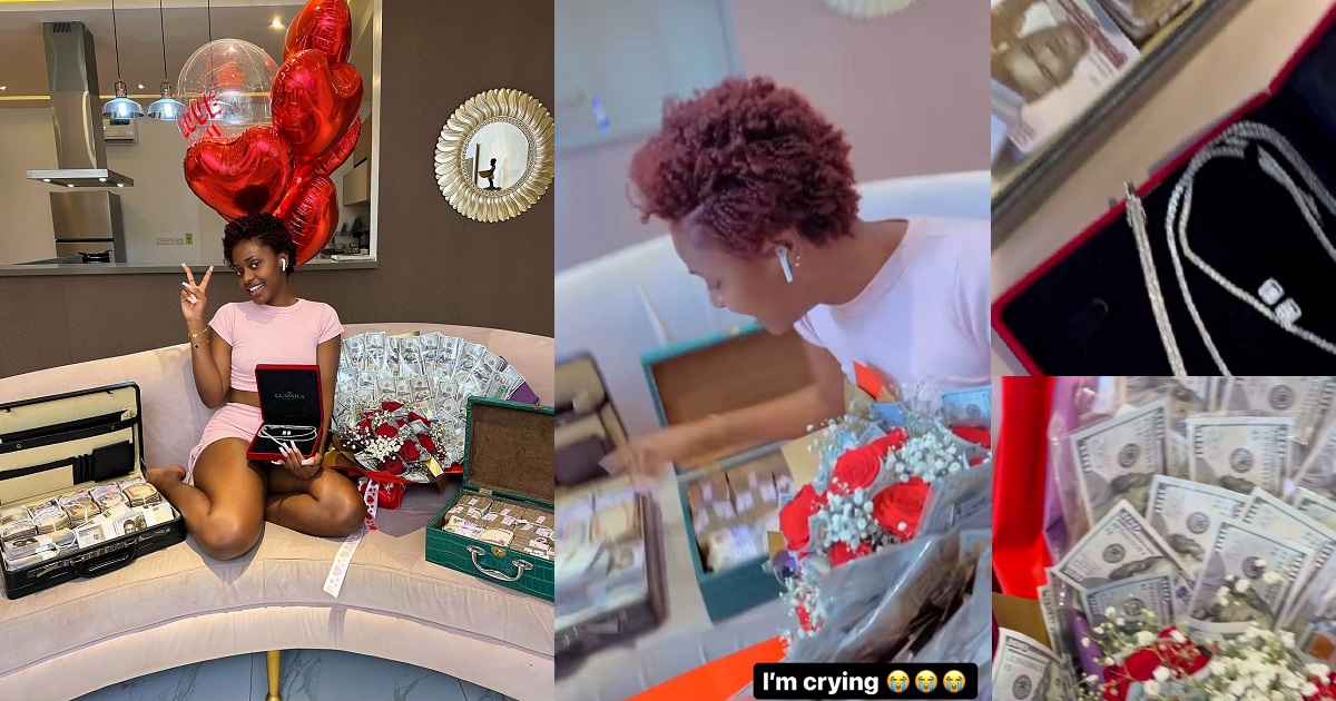 Nigerian lady receives diamond jewelries, stacks of cash and other