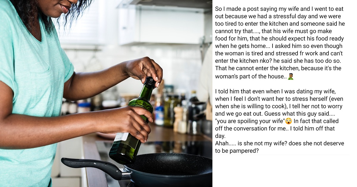 “Mind the voices you give audience to” – Man advises as he recounts conversation with a man who told him he’s ‘spoiling’ his wife because he didn’t force her to cook