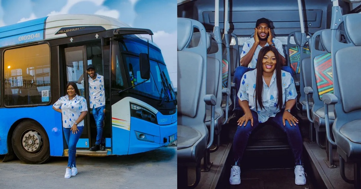 Nigerian man takes beautiful pre-wedding photos with fiancée on BRT where they met (Photos)