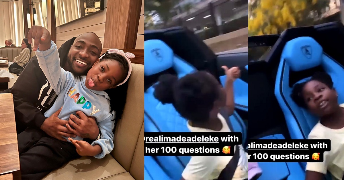 “Daddy, why aren’t you not saying Hi” – Imade asks Davido as fans hail him while they ride in his Lamborghini (Video)