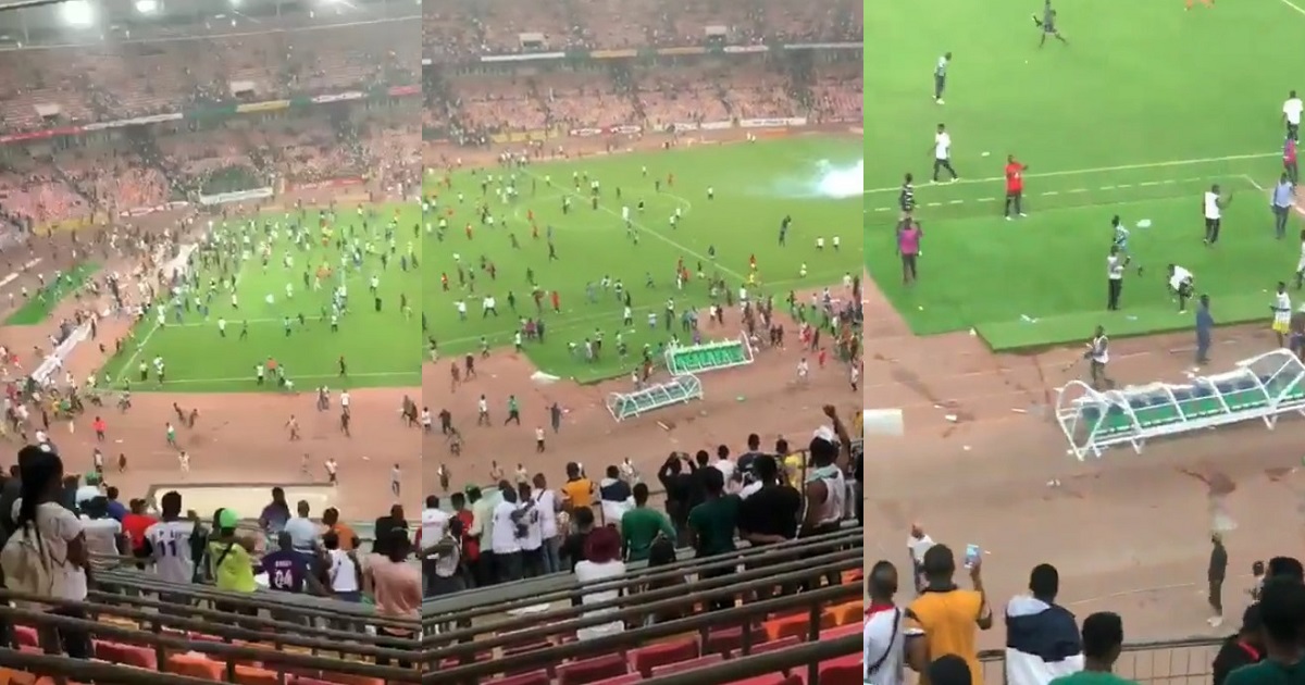 Super Eagles Loss: Chaos erupts as angry fans vandalize MKO Abiola Stadium Abuja following Ghana defeat (Video)