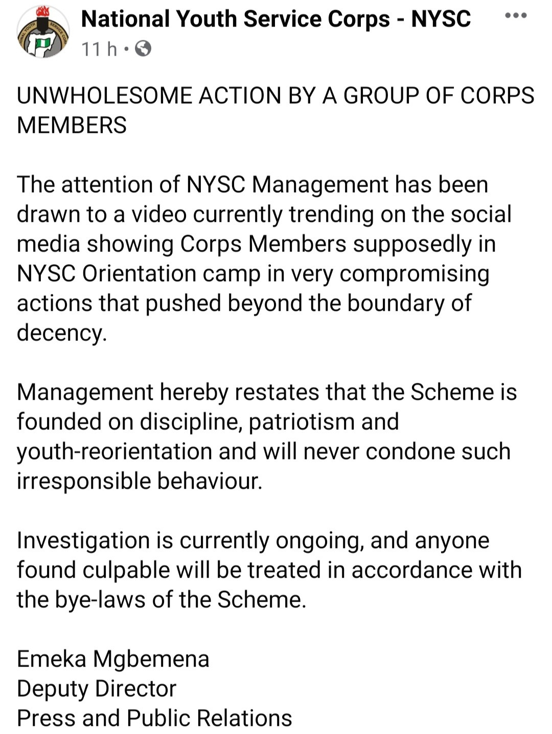 NYSC reacts