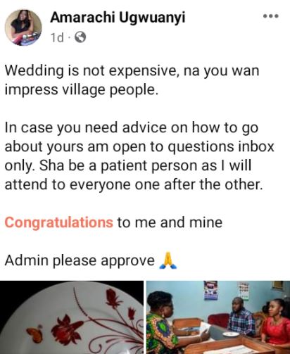 “Wedding is not expensive, na you wan impress village people” – Lady says as she shares photos from her simple wedding 9 aamrachi